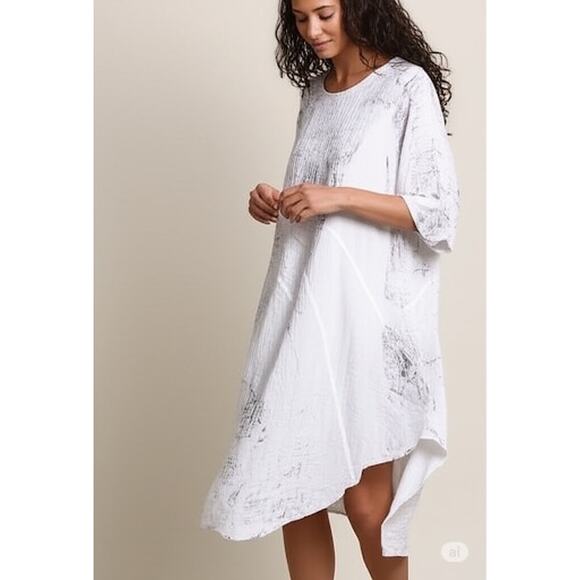 Eleven Stitch Design White Gray Women's Dress Summer Lagenlook S Asymmetrical - Picture 1 of 5